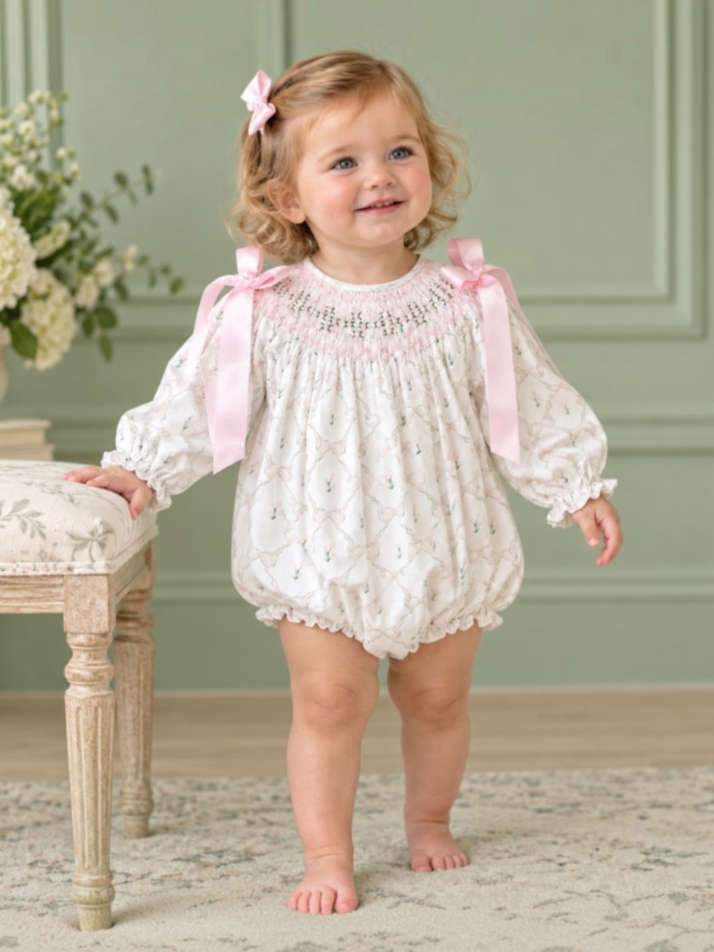 Lillie & Lilah 18M Emmeline Smocked Bubble Romper Puff Sleeves Pink Bows